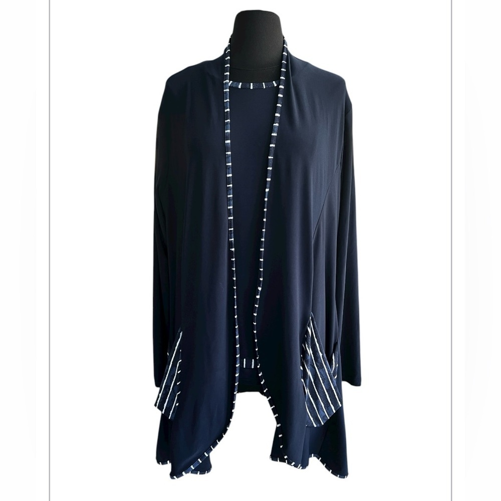 Sympli Painted Lines Jersey Knit Cardigan And Matching Top Womens 14 Navy Blue